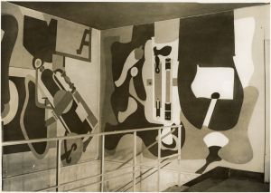 Aviation: Evolution of Forms Under Aerodynamic Limitations, 1935–37, P141. Activities on the Field (left) and Mechanics of Flying (right; P141w), from Aviation: Evolution of Forms Under Aerodynamic Limitations, northeast corner of the second-floor foyer, Newark Airport Administration Building. Photograph taken April 17, 1940. Gelatin silver print, 10 x 8 in (25.4 x 20.3 cm). Gift of Dorothy C. Miller, 1979; Collection of The Newark Museum of Art (79.850).
