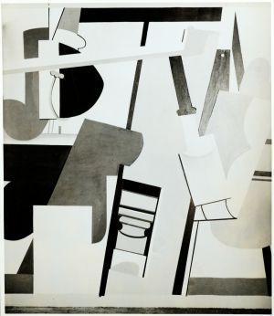Abstraction: Study for Mural at Newark Airport, 1936, D0639. Activities on the Field, from Aviation: Evolution of Forms Under Aerodynamic Limitations, in the WPA/FAP studio, 1936. The panel was ultimately installed on the north wall of the second-floor foyer, Newark Airport Administration Building.
