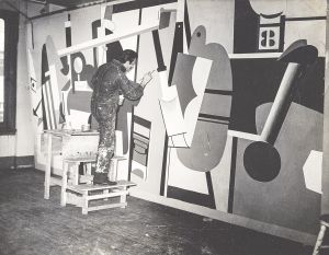 Abstraction: Study for Mural at Newark Airport, 1936, D0639. Gorky at work on Activities on the Field, from Aviation: Evolution of Forms Under Aerodynamic Limitations, in the WPA/FAP studio, 1936. The panel was ultimately installed on the north wall of the second-floor foyer, Newark Airport Administration Building.