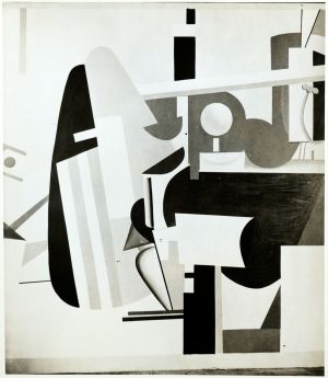 Abstraction: Study for Mural at Newark Airport, 1936, D0639. Activities on the Field, from Aviation: Evolution of Forms Under Aerodynamic Limitations, in the WPA/FAP studio, 1936. The panel was ultimately installed on the north wall of the second-floor foyer, Newark Airport Administration Building.