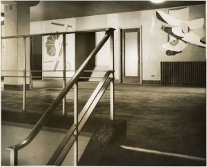 Aviation: Evolution of Forms Under Aerodynamic Limitations, 1935–37, P141. Modern Aviation, two panels from Aviation: Evolution of Forms Under Aerodynamic Limitations, south wall of the second-floor foyer, Newark Airport Administration Building. Photograph taken April 17, 1940. Gelatin silver print, 10 x 8 in (25.4 x 20.3 cm). Gift of Dorothy C. Miller, 1979; Collection of The Newark Museum of Art (79.858).