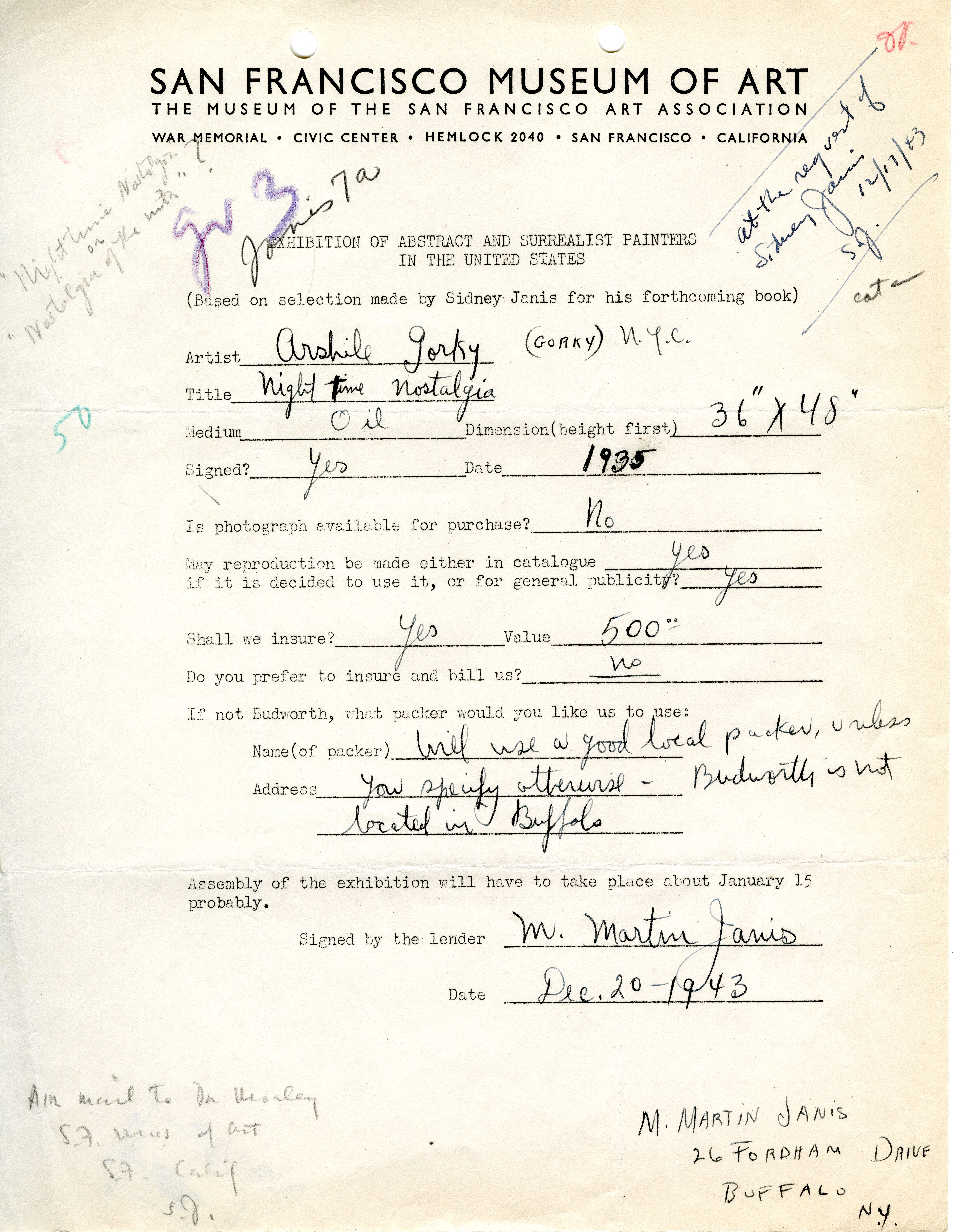 Related Correspondence: San Francisco Museum of Modern Art Questionnaire completed by M. Martin Janis, December 20, 1943. Courtesy San Francisco Museum of Modern Art.