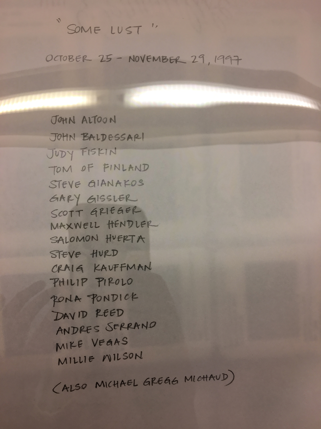 Document: Artist list, exhibition title, and exhibition dates. From the Patricia Faure archives at the Getty Research Institute.