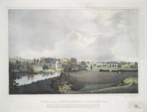 View of the Battle Ground at Concord, Mass. Here, on the 19th of April, 1775, was made the first forcible resistance to British aggression. On the opposite bank stood the American militia. Here stood the invading army, and on this spot the first of the en, n.d. (inv. 501)