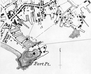 View Across Gloucester Inner Cove, from Road near Beach Wharf, 1850s (inv. 142). Viewpoint drawing showing Lane's location when making the drawing