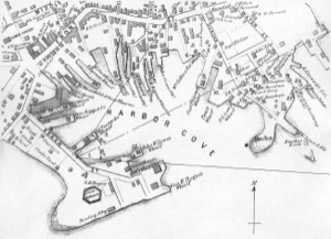 View Across Gloucester Inner Cove, from Road near Beach Wharf, 1850s (inv. 142). Viewpoint drawing showing Lane's location when making the drawing