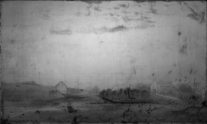 Babson and Ellery Houses, Gloucester, 1863 (inv. 10). Infrared image shows Lane's carefully rendered buildings, including windows and trees. The grid in the center of the painting shows how he transferred the preparatory drawing to the painting. Dark patches are areas of retouching by a later conservator. – Marcia Steele
