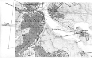 Boston Harbor, 1854 (inv. 341). Proposed viewpoint of Lane when creating the picture. Viewpoint plottings by Erik Ronnberg using the map from the 1847 Boston Almanac.