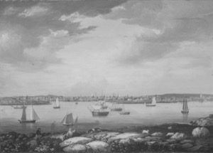 Gloucester Harbor from Rocky Neck, 1844 (inv. 14). Overall infrared image of painting shows detailed underdrawing beneath the paint layer outlining buildings and ships. The positions of two figures in the lower left were shifted in the final composition. – Marcia Steele