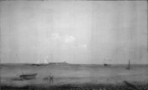 Ten Pound Island from Pavilion Beach, 1850s (inv. 15). Overall infrared image. Enlarge to see underdrawing in rocks on island. Also note that figure in foreground was added over the paint and was not outlined in the drawing stage.  – Marcia Steele