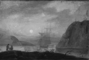 Somes Sound, Mount Desert Island, Maine, 1850s (inv. 16). Overall infrared image reveals Lane diverted from his original underdrawn composition. He eliminated a lighthouse on the left cliff, and mast behind that bit of land. He also radically decreased the size of boat and changed the type. Also note there is some underdrawing in the clouds and around the circumference of the sun. Enlarge for best detail of underdrawing. – Marcia Steele