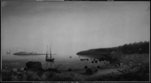 Norman's Woe, Gloucester Harbor, 1862 (inv. 1). Overall infrared image. Note the tick marks and ruled vertical lines are in the same location as those on the drawing. Also the rocks on the island are carefully delineated in the underdrawing. – Marcia Steele