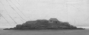 Kettle Island, 1859 (inv. 20). Infrared detail of the island and house showing the outlining Lane did on the canvas before painting. – Marcia Steele