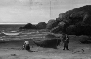 Kettle Island, 1859 (inv. 20). Detail infrared image revealing the outlines along the contours of the rocks. Lane's signature is also visible in the lower right. It is painted on the surface. – Marcia Steele