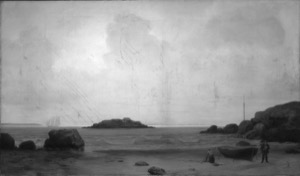 Kettle Island, 1859 (inv. 20). Overall infrared image shows Lane's initial underdrawing in the rocks and distant island. Diagonal lines in sky are from later cracks and retouching and should not be interpreted as any of Lane's preparatory drawing on the canvas. Note how thin the paint layer is. – Marcia Steele