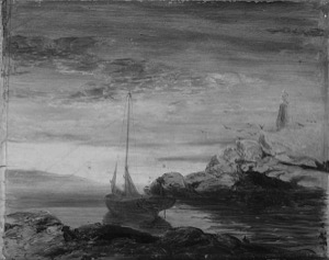 Island with Beacon, 1850s (inv. 21). Overall infrared image shows virtually no underdrawing for this composition. Rather, diagonal lines are seen in the sky which are unrelated to the painting. This lack of underdrawing for the painted composition is rather uncharacteristic for the artist. – Marcia Steele