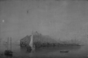Bear Island, Northeast Harbor, 1855 (inv. 24). Overall infrared image reveals Lane's delicate underdrawing in the island, trees and buildings. Note the distant sailboat at left was added over the background and was not underdrawn. Enlarge the image to see more detail in the underdrawing. – Marcia Steele