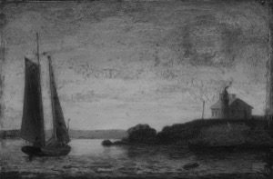 Ten Pound Island at Sunset, 1851 (inv. 25). Overall infrared image of the painting shows light underdrawing in the island at right, the contour of the distant land and the house. The chimney appears to have been shifted to the left in the final painting. Dark areas in the sky are abundant retouching done later by a conservator. – Marcia Steele