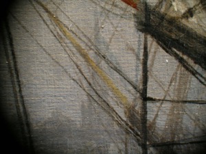 Boston Harbor, 1856 (inv. 203). Conservation photo (detail of distant church behind prow of right vessel)