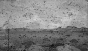 The Old Fort and Ten Pound Island, Gloucester, 1850s (inv. 28). Overall infrared image shows delicate underdrawing in the houses, the contours of the land and the rocks along the distant right shoreline. Dark patches seen in the sky and foreground are from retouching done by a conservator. – Marcia Steele