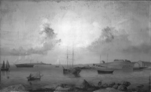 The Old Fort and Ten Pound Island, Gloucester, 1850s (inv. 30). Overall infrared image. Enlarge to see Lane's exquisite and sure handed preliminary drawing for the composition. This is one of the few paintings where underdrawing is seen in the sky for the clouds. – Marcia Steele