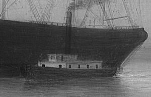 Gloucester Harbor, 1859 (inv. 33). Infrared detail showing black underdrawing around the hull of the large vessel and the upper deck of the steam ship. – Marcia Steele