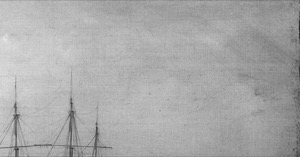 Gloucester Harbor, 1859 (inv. 33). This is one of the few paintings where underdrawing is seen in the sky for clouds. Lane did not follow the loose underdrawing closely in the painting. – Marcia Steele