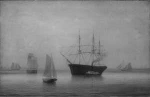 Gloucester Harbor, 1859 (inv. 33). Overall infrared image showing smaller vessels are painted over the background. Note the ruled horizon line to the left of the main vessel. – Marcia Steele
