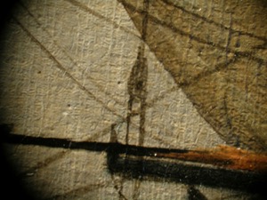 Boston Harbor, 1856 (inv. 203). Conservation photo (detail of pinholes by boom on left packet ship)