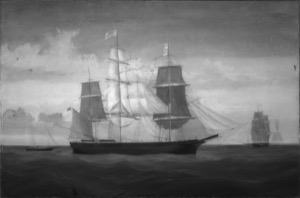Portrait of the "National Eagle", 1853 (inv. 35). The overall infrared image of this ship portrait is an example of how radically Lane can change his original underdrawn idea to an entirely different composition. The main sails of the central ship are entirely different from drawing to painting and the distant ships at right have also been changed. – Marcia Steele