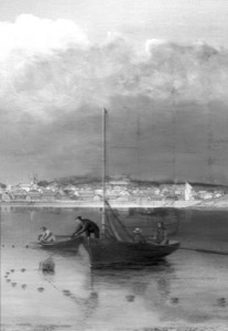 Gloucester Harbor, 1852 (inv. 38). Detail of infrared scan, showing ship in underdrawing, omitted in final painting. Also note the fine vertical lines used to transfer the image from a drawing. One is at the tip of the island to the just beside the unpainted boat. Another is just to the left of the steeple. The canvas Lane used has a diagonal twill pattern also visible. – Marcia Steele