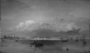 Gloucester Harbor, 1852 (inv. 38). Overall infrared image of Lane's painting has all the hallmarks of his preliminary underdrawing on the canvas. Detailed underdrawing in black is seen around the island and buildings and land masses. Vertical lines are seen in the island as a means of transfer. A major boat is underdrawn but was not painted in the final composition. – Marcia Steele
