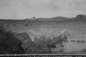 Dolliver's Neck and the Western Shore from Field Beach, 1857 (inv. 3). Infrared detail of underdrawing in rocks and trees. Lane closely followed the initial underdrawing in the painting in these areas. – Marcia Steele
