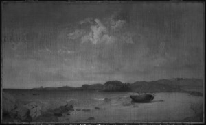 Dolliver's Neck and the Western Shore from Field Beach, 1857 (inv. 3). Overall infrared image shows how carefully Lane drew the rocks and trees. The boat at left and men along the shoreline were not underdrawn, rather simply painted in over the background. – Marcia Steele