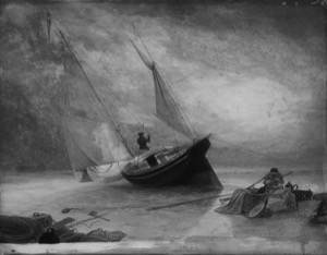Phantom of Boston, c.1850s (inv. 574). Enlarge this overall infrared image to see some loose underdrawing for the sails and shoreline and ax handle under the paint layer. The painting is unfinished along the bottom edge.