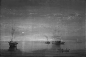 A Calm Sea, c.1860 (inv. 6). Overall infrared image reveals ruled horizon line underdrawn. There also appear to be dark drawn lines for the rigging of the boat at left and faint lines used for the sails on the boat at right. – Marcia Steele