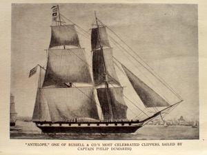 Brig "Antelope" in Boston Harbor, 1863 (inv. 43). Probable Chinese original painting on which Lane based his work. Reproduced in Old Shipping Days in Boston (Boston: State Street Trust Company, 1918). Caption reads: "Antelope," one of Russell and Co.'s most celebrated clippers, sailed by Captain Philip Dumaresq." The Boston skyline is a rough approximation.