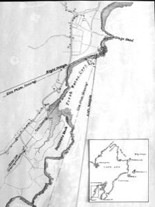 Dolliver's Neck and the Western Shore from Field Beach, 1857 (inv. 3). Viewpoint drawing showing Lane's approximate location when painting this image.