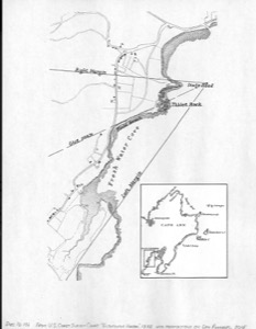 Stage Rocks and Western Shore of Gloucester Outer Harbor, 1857 (inv. 106). Proposed viewpoint of Lane when creating the lithograph. Viewpoint plottings by Erik Ronnberg using U.S. Coast Survey sketch chart of Gloucester Harbor 1855.