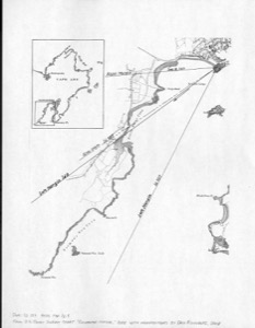 Western Shore of Gloucester Outer Harbor, 1857 (inv. 107). Proposed viewpoint of Lane when creating the drawing. Viewpoint plottings by Erik Ronnberg using U.S. Coast Survey sketch chart of Gloucester Harbor 1855.