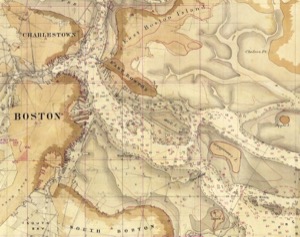 Capt. E. G. Austin's Quick Step, "A Yankee Ship and a Yankee Crew", 1837 (inv. 480). Detail from "Comparative Map of Boston Harbor" (1860)
From surveys made in 1817 (shore lines and soundings in red)
and 1846 – 53 (shore lines and soundings in black).
Executed by the U.S. Coast Survey for the U. S. Commissioners on Boston Harbor.
Courtesy of NOAA Historic Charts Collection