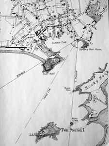The Old Fort and Ten Pound Island, Gloucester, 1850s (inv. 28). Proposed viewpoint of Lane when creating the picture. Viewpoint plottings by Erik Ronnberg using U.S. Coast Survey sketch chart of Gloucester Harbor 1855 with modifications.