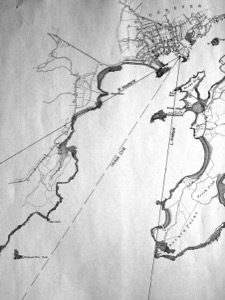 The Old Fort and Ten Pound Island, Gloucester, 1850s (inv. 28). Proposed viewpoint of Lane when creating the picture. Viewpoint plottings by Erik Ronnberg using U.S. Coast Survey sketch chart of Gloucester Harbor 1855 with modifications.