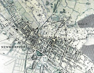 View of Newburyport from Salisbury, 1845 (inv. 440). Viewpoint map showing direction and angle of view.
From U.S. Coast survey chart of Newburyport Harbor.