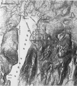 View of Bar Island and Mount Desert Mountains, from the Bay in Front of Somes Settlement, 1850 (inv. 177). Chart showing Lane's location when making this drawing
