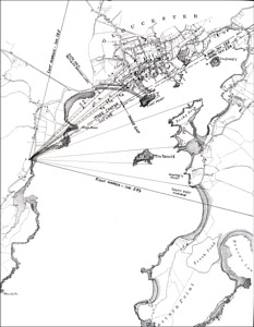 Across Gloucester Outer Harbor from Steepbank, n.d. (inv. 234). Viewpoint diagram showing Lane's assumed location when making this drawing