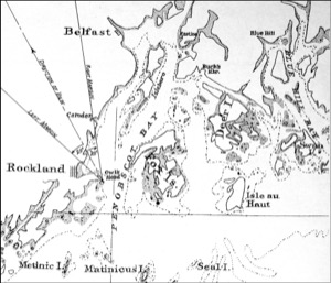 South East View of Owl's Head , from the Point of the Island, 1855 (inv. 129). Viewpoint chart showing Lane's location when making this drawing (overall view)