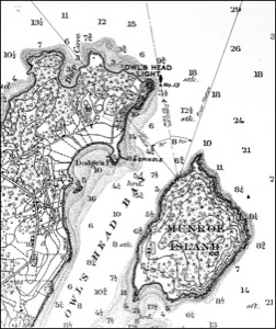 South East View of Owl's Head, from the Island, 1855 (inv. 130). Viewpoint map showing Lane's location when making this drawing (detail)