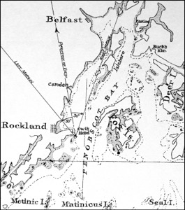 South East View of Owl's Head, from the Island, 1855 (inv. 130). Viewpoint map showing Lane's location when making this drawing (overall view)