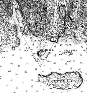 Bear Island from the South, 1855 (inv. 134). Viewpoint chart showing Lane's location when making this image